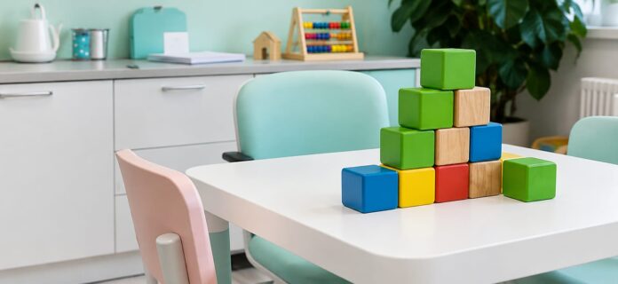Sala de atendimento infantil com mesa, cadeiras e blocos coloridos, representando um ambiente de aprendizagem e intervenção comportamental.